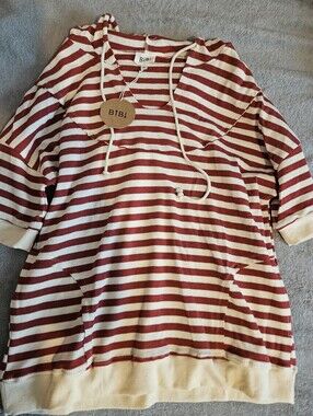 BiBi Red Orange and White Striped Hooded Pullover